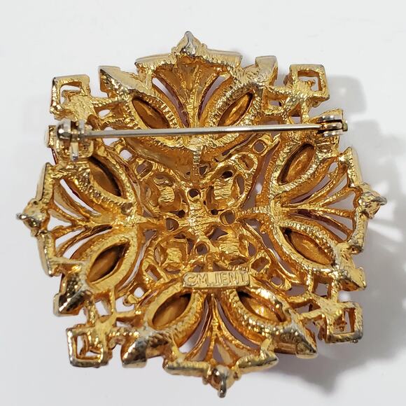 Vintage M Jent Pink Rhinestone Gold Tone Brooch Pin - Picture 2 of 5